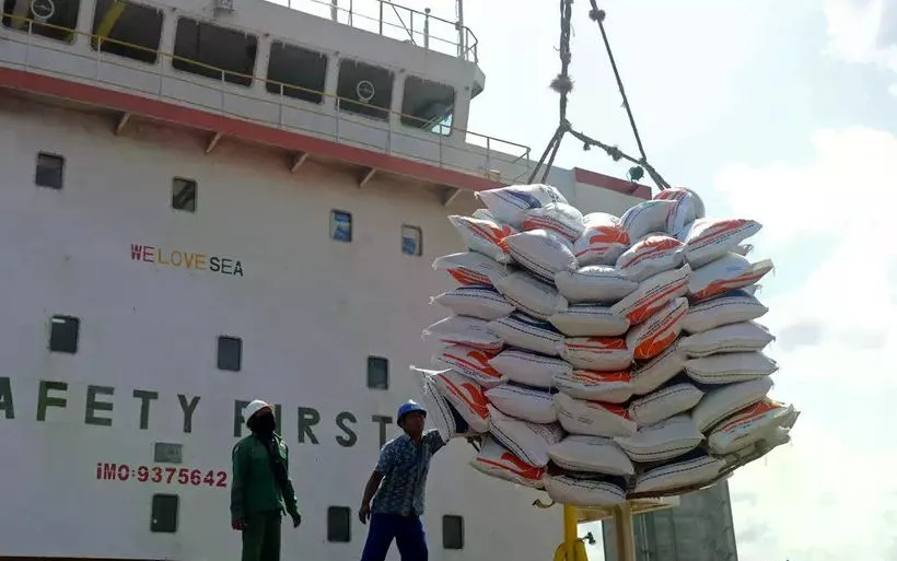 Công nhân dỡ các bao gạo nhập khẩu tại cảng Malahayati ở Aceh, Indonesia. (Nguồn: Antara)