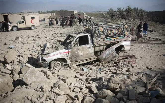 Thiệt hại sau cuộc không kích của Pakistan tại tỉnh Nangarhar, Afghanistan, ngày 22/2/2026 (Ảnh: THX/TTXVN)