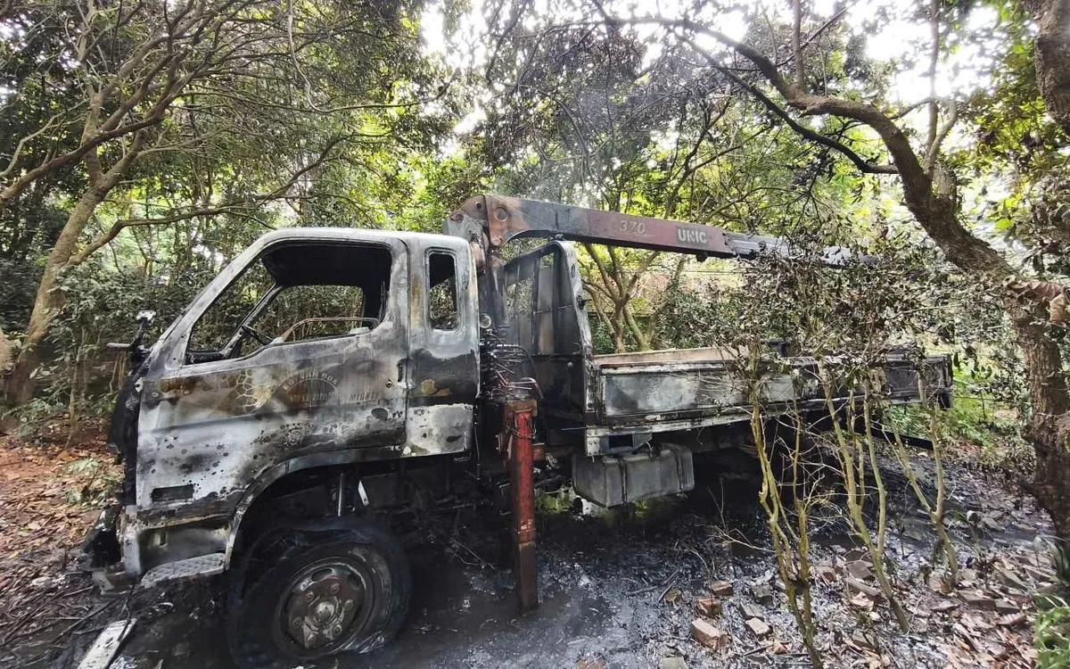 Chiếc xe tải gắn cẩu bị cháy. (Ảnh: Người dân cung cấp)