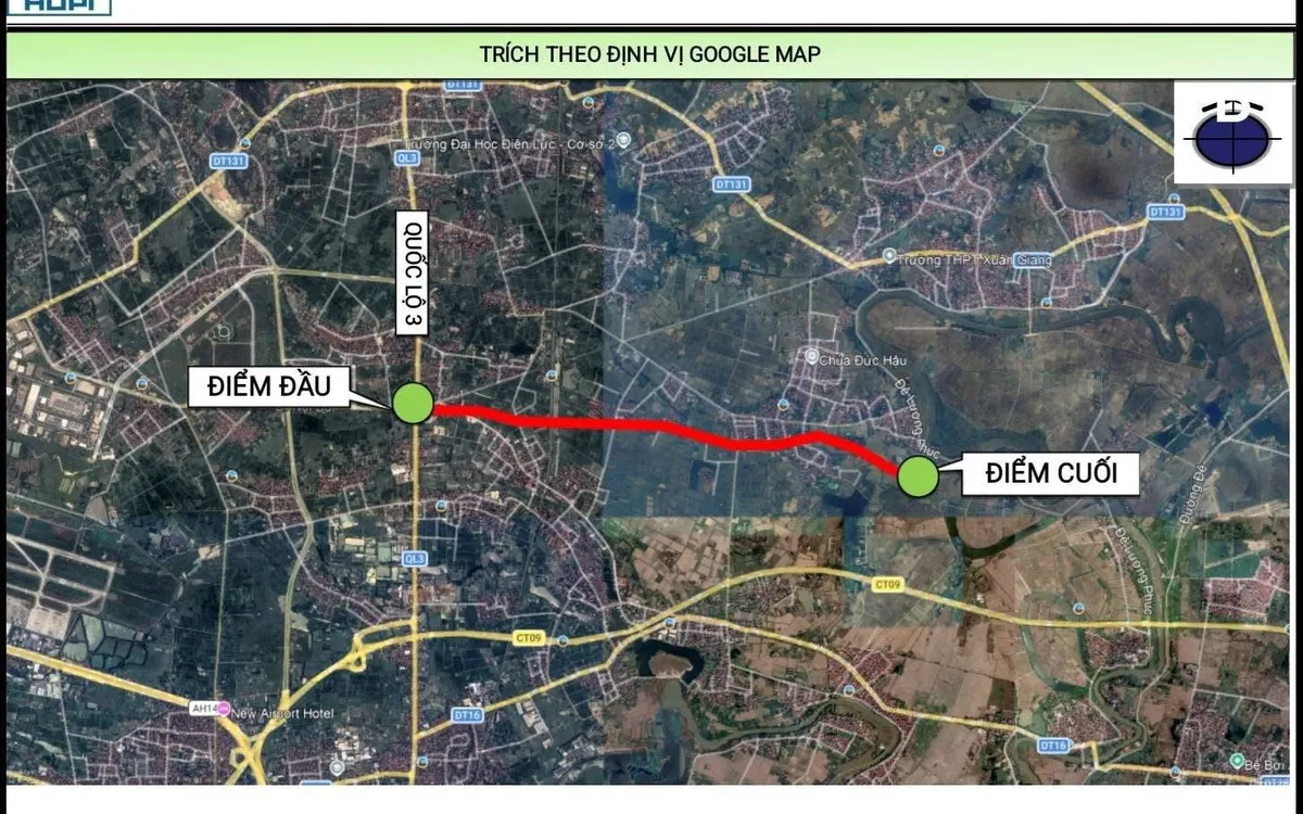 Vị trí, hướng tuyến của tuyến đường nối quốc lộ 3 đến đường Vành đai phía Đông khu đô thị vệ tinh Sóc Sơn. Ảnh: Google Map.