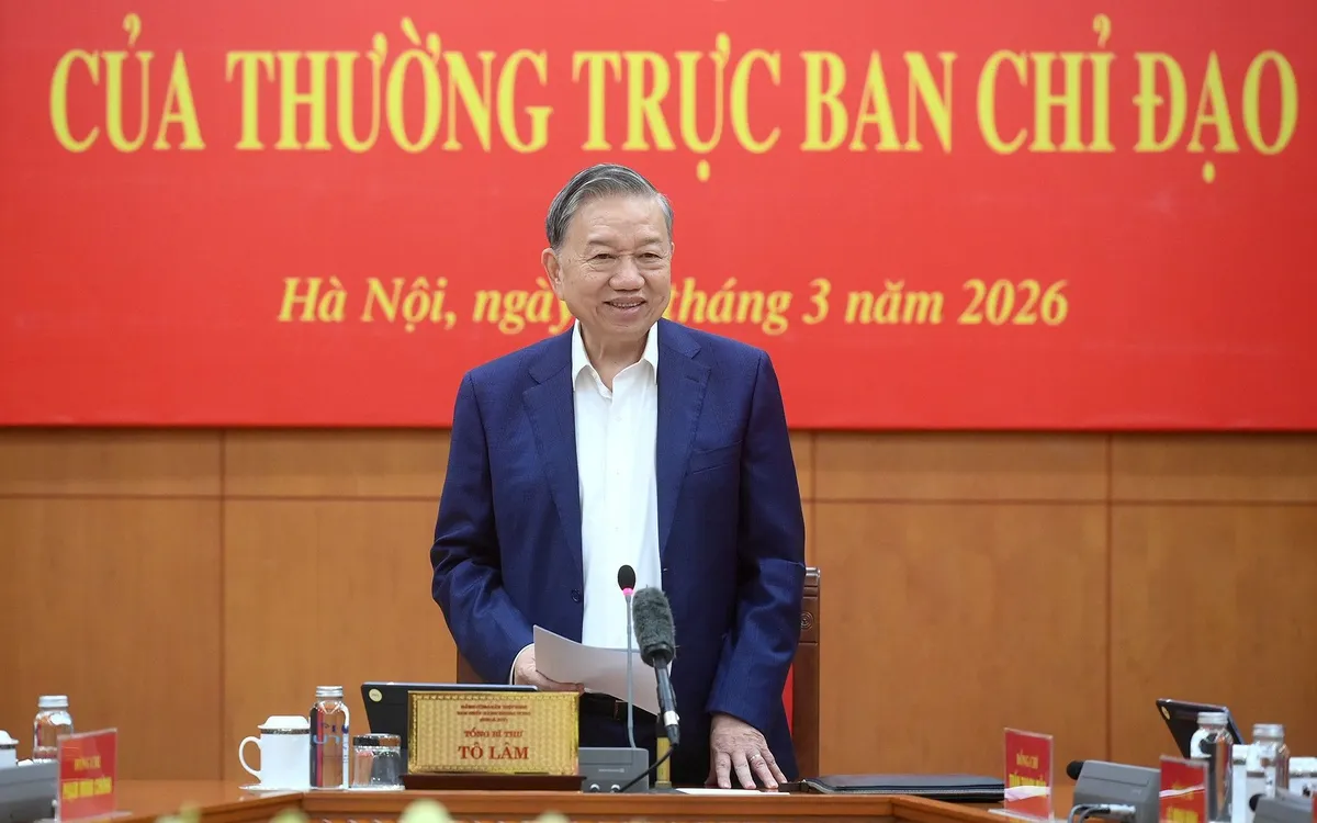 Tổng Bí thư Tô Lâm phát biểu chỉ đạo phiên họp quý I/2026 của Thường trực Ban Chỉ đạo Trung ương﻿ về hoàn thiện thể chế, pháp luật. Ảnh: Nhân Dân