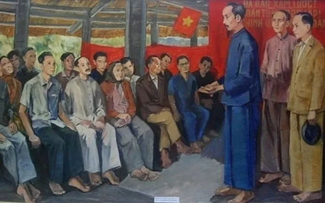 Bức tranh tái hiện hình ảnh Chủ tịch Hồ Chí Minh chủ trì Quốc dân Đại hội tại đình Tân Trào, Tuyên Quang. (Tranh sơn dầu: Họa sĩ Cao Thương)