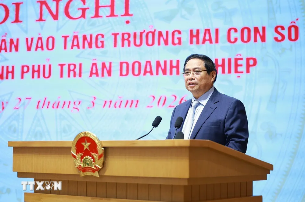 Thủ tướng Phạm Minh Ch&iacute;nh chủ tr&igrave; hội nghị về tăng trưởng hai con số v&agrave; tri &acirc;n doanh nghiệp - Ảnh 1.
