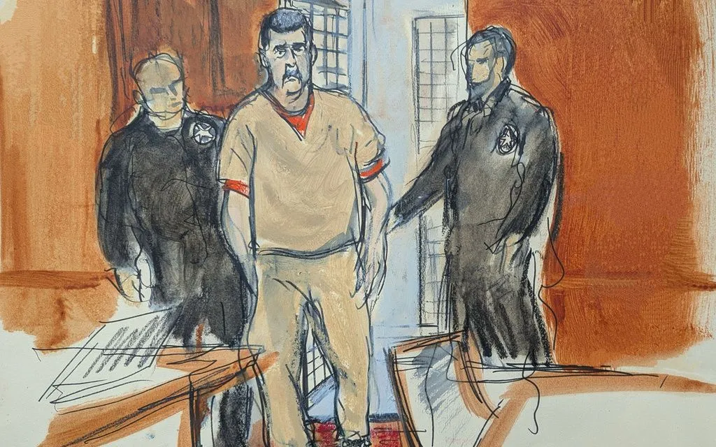 Bức tranh phác thảo ông Maduro bước vào phòng xét xử tại New York hôm 26/3/2026 (Ảnh: AP)