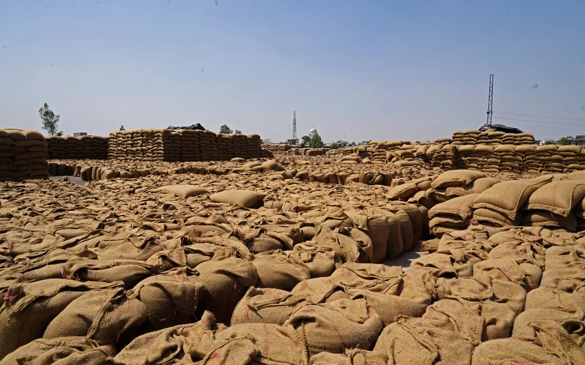 Bao lúa mì tại một chợ ngũ cốc ở bang Haryana, Ấn Độ, ngày 25/4/2025. (Ảnh: Reuters)