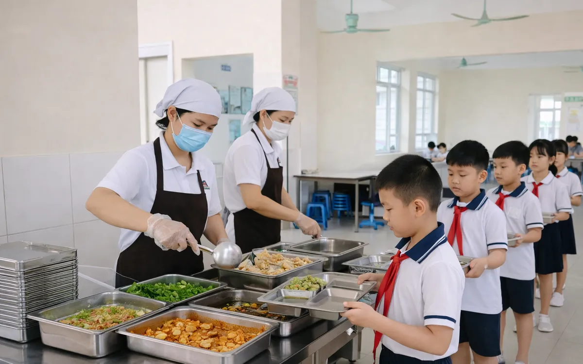 Tổ chức nuôi ăn bán trú tại trường học ở Ninh Bình. Ảnh: MH