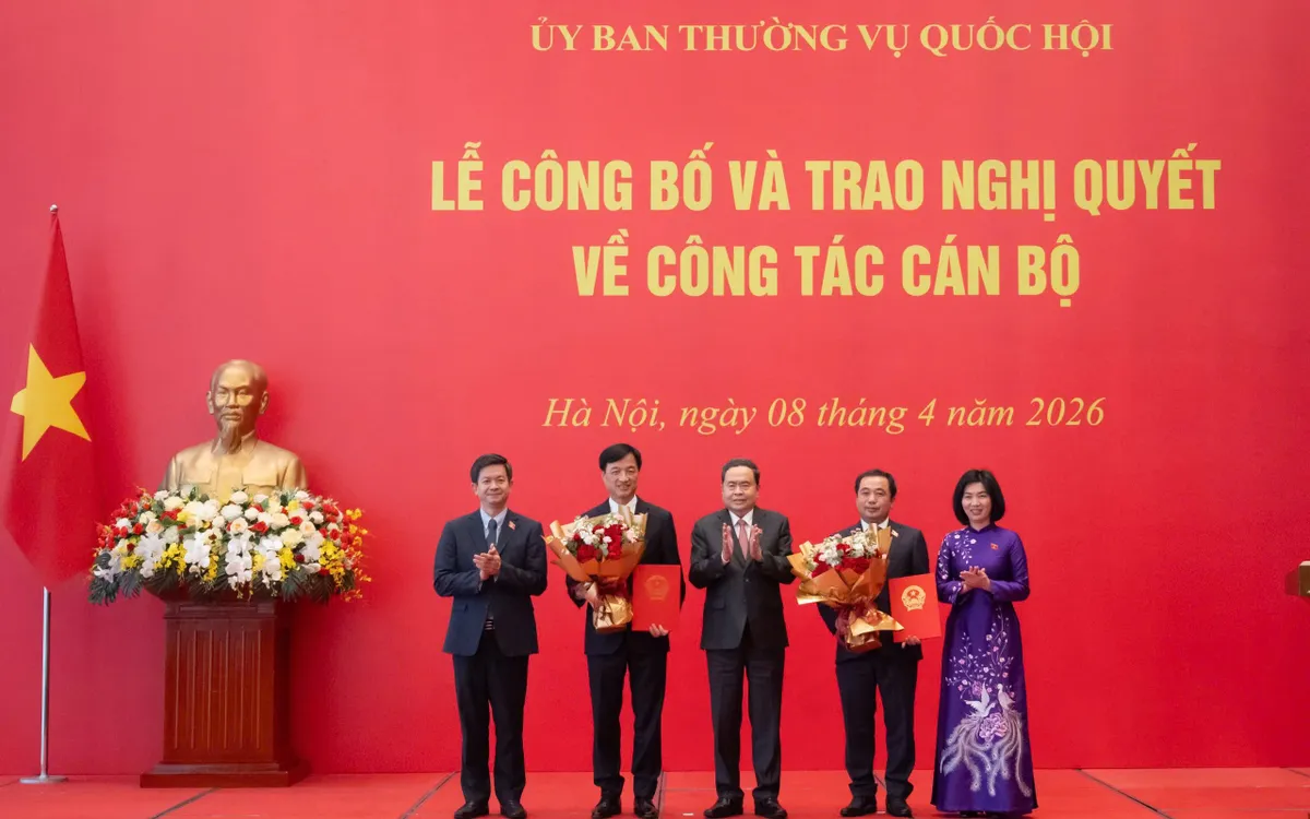Chủ tịch Quốc hội Trần Thanh Mẫn trao Nghị quyết và tặng hoa chúc mừng Trưởng Ban Tổ chức Trung ương Nguyễn Duy Ngọc và Bí thư thành ủy Hà Nội Trần Đức Thắng. Ảnh: Cổng TTĐT Quốc hội Việt Nam