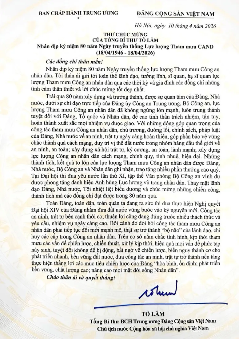 Tổng B&iacute; thư, Chủ tịch nước T&ocirc; L&acirc;m gửi thư ch&uacute;c mừng Ng&agrave;y truyền thống lực lượng tham mưu C&ocirc;ng an nh&acirc;n d&acirc;n - Ảnh 2.