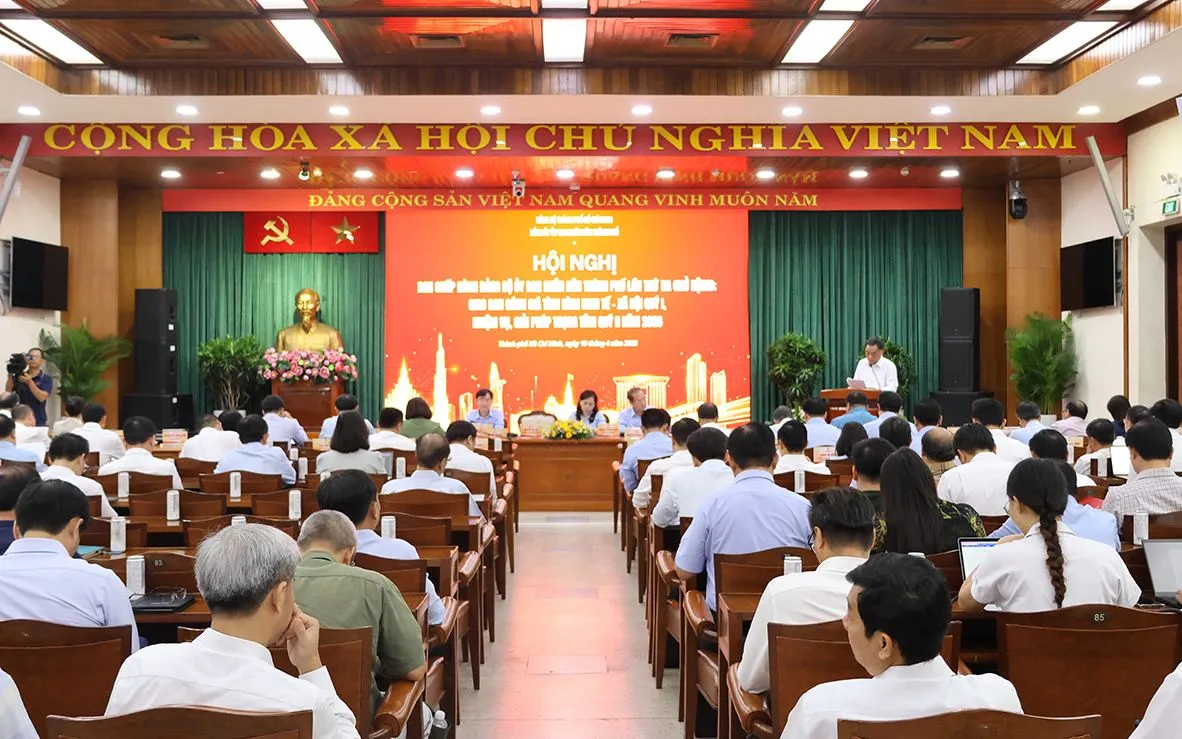 Hội nghị lần thứ 3 Ban Chấp hành Đảng bộ UBND TP Hồ Chí Minh nhiệm kỳ 2025-2030 mở rộng, đánh giá tình hình kinh tế - xã hội quý I; nhiệm vụ, giải pháp quý II năm 2026, sáng 10/4. Ảnh: Hochiminh.gov.vn