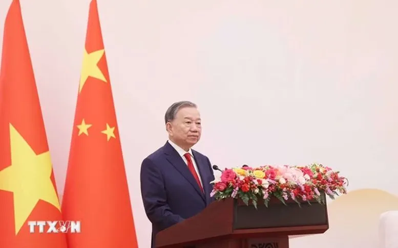 Tổng Bí thư, Chủ tịch nước Tô Lâm phát biểu tại buổi gặp gỡ thanh niên hai nước tham gia chương trình “Hành trình Đỏ nghiên cứu, học tập” - Ảnh: TTXVN