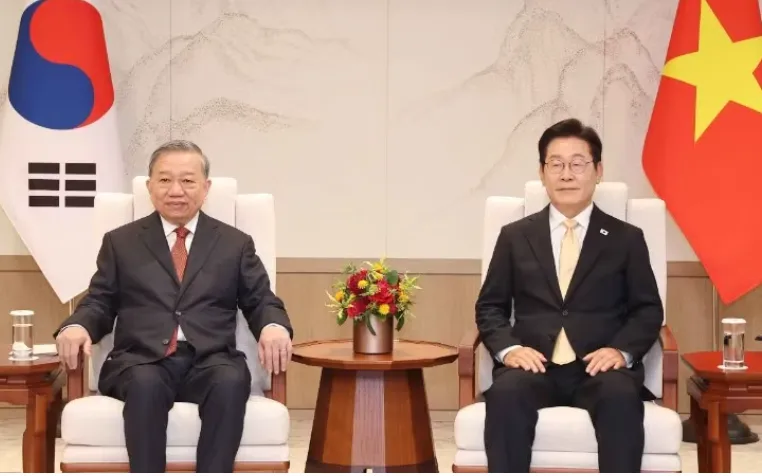 Tổng Bí thư Tô Lâm hội đàm với Tổng thống Hàn Quốc Lee Jae Myung trong chuyến thăm cấp Nhà nước tới Hàn Quốc, tháng 8/2025. (Ảnh: TTXVN)