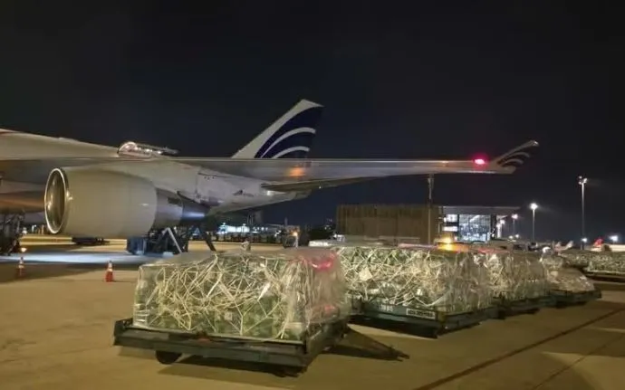 Các lô hàng được bốc dỡ xuống sân bay. (Ảnh: TTXVN)