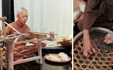 Ông Nguyễn Thành Kiểng (85 tuổi với 72 năm tuổi nghề) thực hiện công đoạn quay tơ và cô Nguyễn Thị Thanh An (56 tuổi với 48 năm tuổi nghề) thực hiện công đoạn kéo sợi