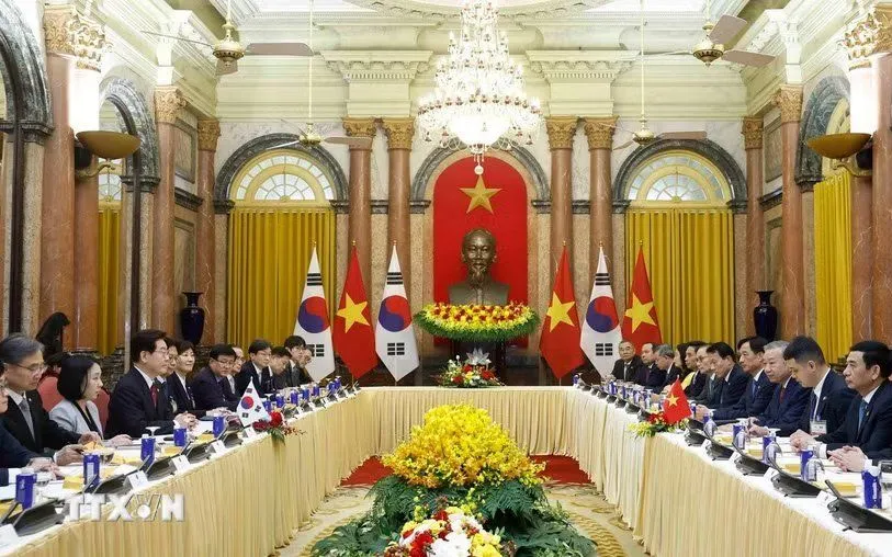 Tổng Bí thư, Chủ tịch nước Tô Lâm hội đàm với Tổng thống Hàn Quốc Lee Jae Myung. (Ảnh: Thống Nhất/TTXVN)