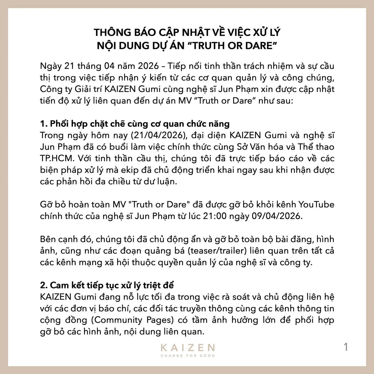 Động th&aacute;i của Jun Phạm sau khi l&agrave;m việc với Sở Văn h&oacute;a - Thể thao TP Hồ Ch&iacute; Minh về MV g&acirc;y tranh c&atilde;i - Ảnh 1.