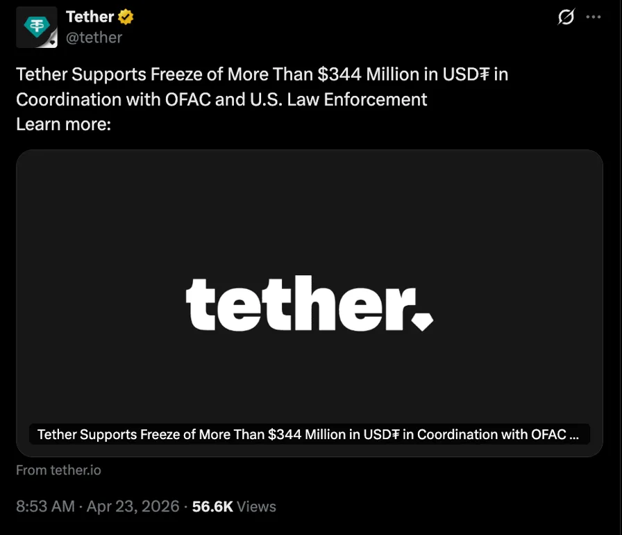 Tether phong tỏa 344 triệu USDT theo y&ecirc;u cầu của cơ quan thực thi ph&aacute;p luật Mỹ- Ảnh 1.