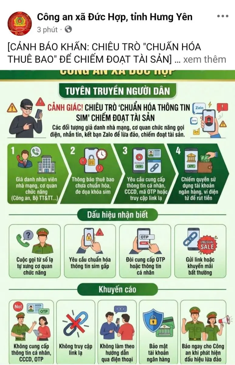 Cảnh gi&aacute;c thủ đoạn mạo danh chuẩn h&oacute;a th&ocirc;ng tin thu&ecirc; bao để lừa đảo - Ảnh 2.