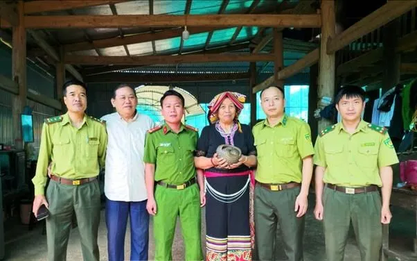 Bà Lữ Thị Khoanh (bản Cướm, xã Hùng Chân, tỉnh Nghệ An) giao cá thể Tê tê cho chính quyền địa phương và cơ quan chức năng vào ngày 5/5/2026. Ảnh: TTXVN