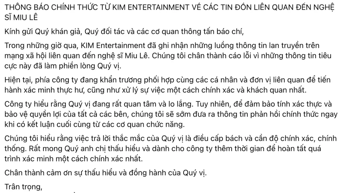 Công ty quản lý lên tiếng trước thông tin Miu Lê liên quan vụ sử dụng ma túy ở Cát Bà- Ảnh 2. Công ty quản lý lên tiếng trước thông tin Miu Lê liên quan vụ sử dụng ma túy ở Cát Bà- Ảnh 2.