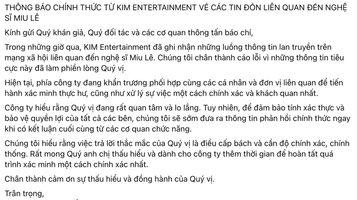 Thông tin mới nhất từ phía công ty quản lý của Miu Lê - Ảnh 1.