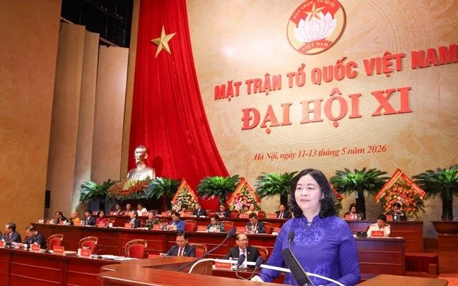 Đồng chí Bùi Thị Minh Hoài, Chủ tịch Ủy ban Trung ương Mặt trận Tổ quốc Việt Nam nhiệm kỳ 2026-2031 phát biểu nhận nhiệm vụ