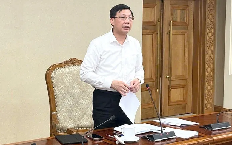 Phó Chủ nhiệm Văn phòng Chính phủ Phạm Mạnh Cường phát biểu tại cuộc làm việc - Ảnh: VGP/Nguyễn Hoàng