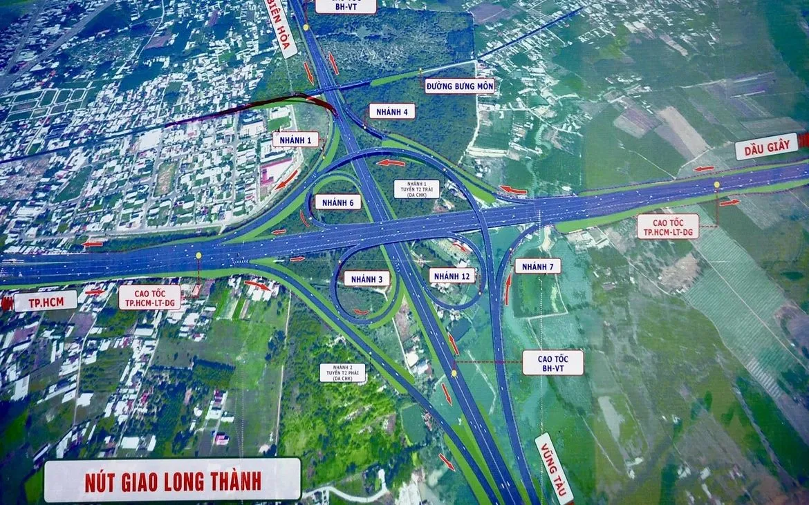 Các nhánh, hướng tuyến lưu thông khu vực của nút giao Long Thành