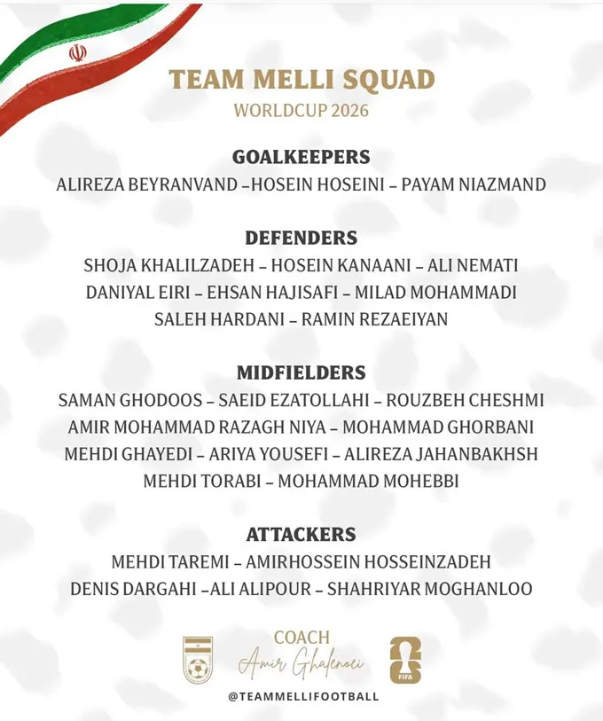 Iran công bố danh sách dự World Cup 2026, Azmoun tiếp tục vắng mặt- Ảnh 2. Iran công bố danh sách dự World Cup 2026, Azmoun tiếp tục vắng mặt- Ảnh 2.
