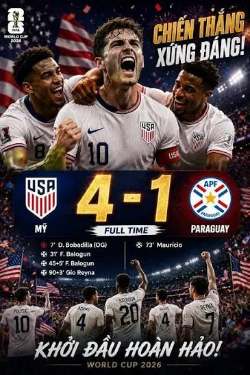 Mỹ đại thắng Paraguay 4-1 trong ng&agrave;y ra qu&acirc;n World Cup 2026, Balogun rực s&aacute;ng với c&uacute; đ&uacute;p- Ảnh 1.