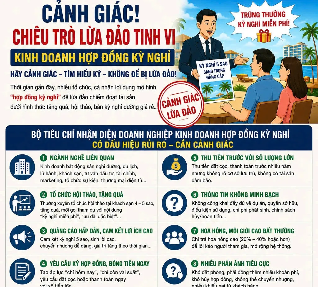 Bộ Công an cảnh báo chiêu trò lừa đảo dưới hình thức “Hợp đồng kỳ nghỉ”- Ảnh 1. Bộ Công an cảnh báo chiêu trò lừa đảo dưới hình thức “Hợp đồng kỳ nghỉ”- Ảnh 1.