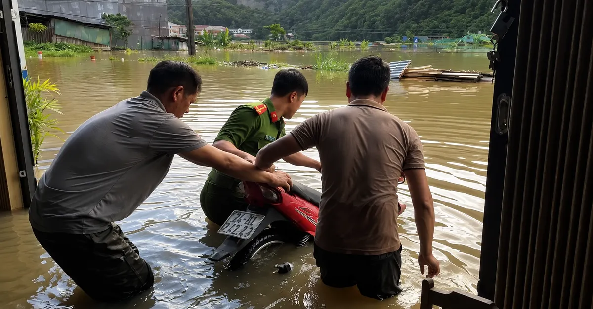 Công an xã ở Lào Cai xuyên đêm hỗ trợ người dân di dời tài sản, khắc phục hậu quả mưa lớn - Ảnh 1.