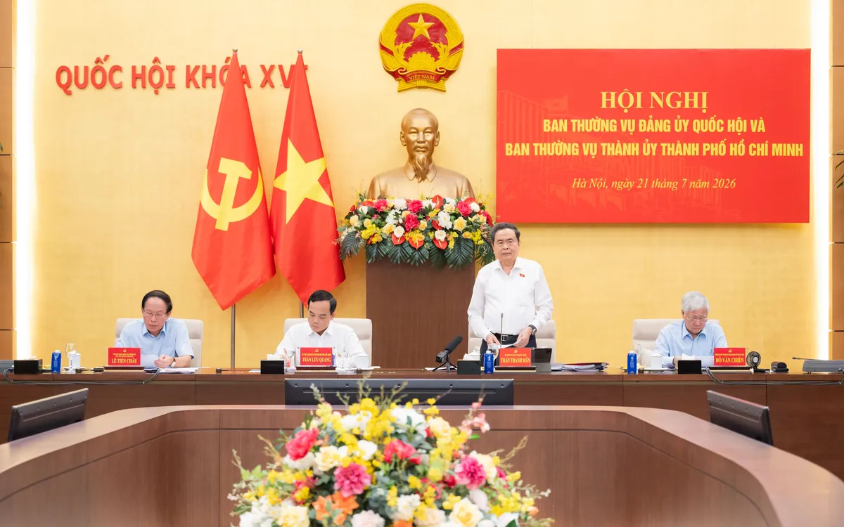Chủ tịch Quốc hội Trần Thanh Mẫn phát biểu tại Hội nghị Ban Thường vụ Đảng uỷ Quốc hội và Ban Thường vụ Thành ủy Thành phố Hồ Chí Minh. Ảnh: Cổng TTĐT Quốc hội Việt Nam