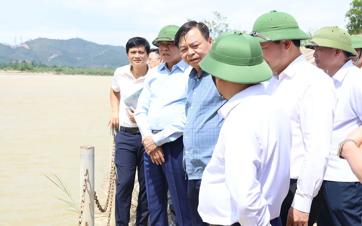 Thứ trưởng Bộ Nông nghiệp và Môi trường Nguyễn Hoàng Hiệp cùng Chủ tịch UBND tỉnh Nghệ An Võ Trọng Hải và các thành viên đoàn công tác kiểm tra hiện trường khu vực Cống Nam Đàn 2. Ảnh UBND Nghệ An.