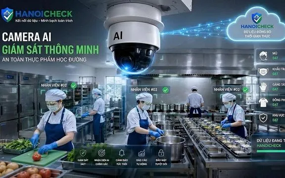 Camera trí tuệ nhân tạo (AI) tự động giám sát việc tuân thủ trang phục bảo hộ tại khu vực bếp ăn trường học. Ảnh: VGP

