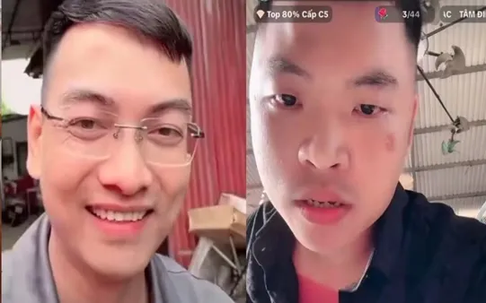 Hình ảnh Hồ Văn Khoa (bên trái) và Nguyễn Văn Hợi (tức Khánh Sky) phát trực tiếp khi đến xưởng của "Vua Quạt". (ảnh: VKS)