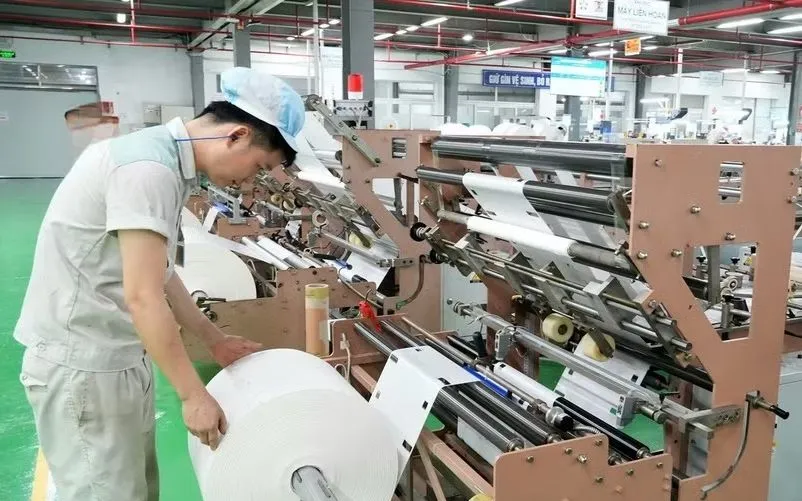 Công nhân kiểm tra chất lượng sản phẩm trên dây chuyền sản xuất bao bì tại Công ty Cổ phần Sản xuất và Xuất nhập khẩu Bao bì Thăng Long. Ảnh: TTXVN 