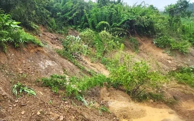 Đất đá, cây rừng sạt lở đổ xuống mặt đường tuyến đường vào bản Na Ngân (xã Nga My, Nghệ An). Ảnh: TTXVN

