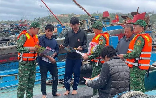 Bộ đội biên phòng phối phối hợp với cảnh sát biển tuyên truyền về IUU tại âu cảng Bạch Long Vỹ. Ảnh tư liệu - minh họa: TTXVN 