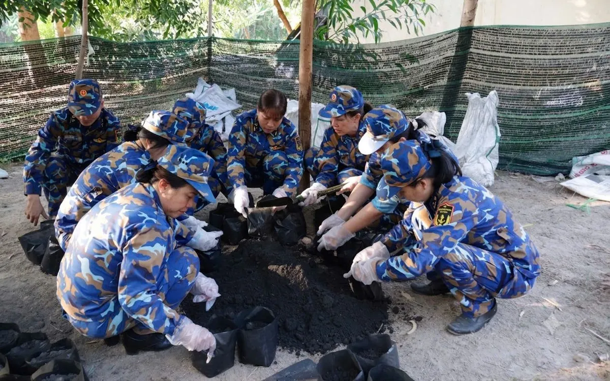 Cán bộ, hội viên hội phụ nữ tích cực tham gia đóng bầu, chuẩn bị giá thể ươm cây.