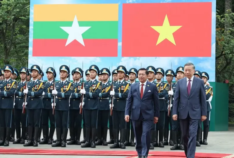 Tổng B&iacute; thư, Chủ tịch nước T&ocirc; L&acirc;m chủ tr&igrave; Lễ đ&oacute;n ch&iacute;nh thức Tổng thống Myanmar thăm ch&iacute;nh thức Việt Nam - Ảnh 3.