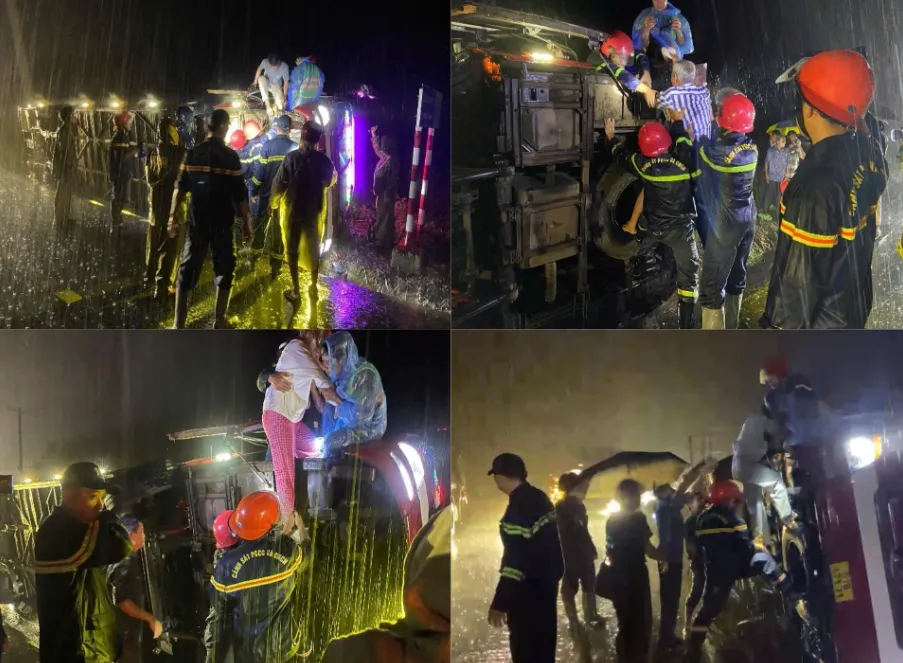 Cứu 19 người trong xe khách giường nằm bị lật xuống mương giữa trời mưa lớn - Ảnh 2.