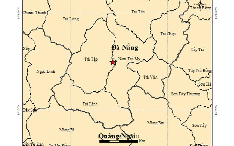 Bản đồ chấn tâm trận động đất có độ lớn 3.0 xảy ra tại khu vực xã Trà Tập. Ảnh: Viện Hàn lâm Khoa học và Công nghệ Việt Nam