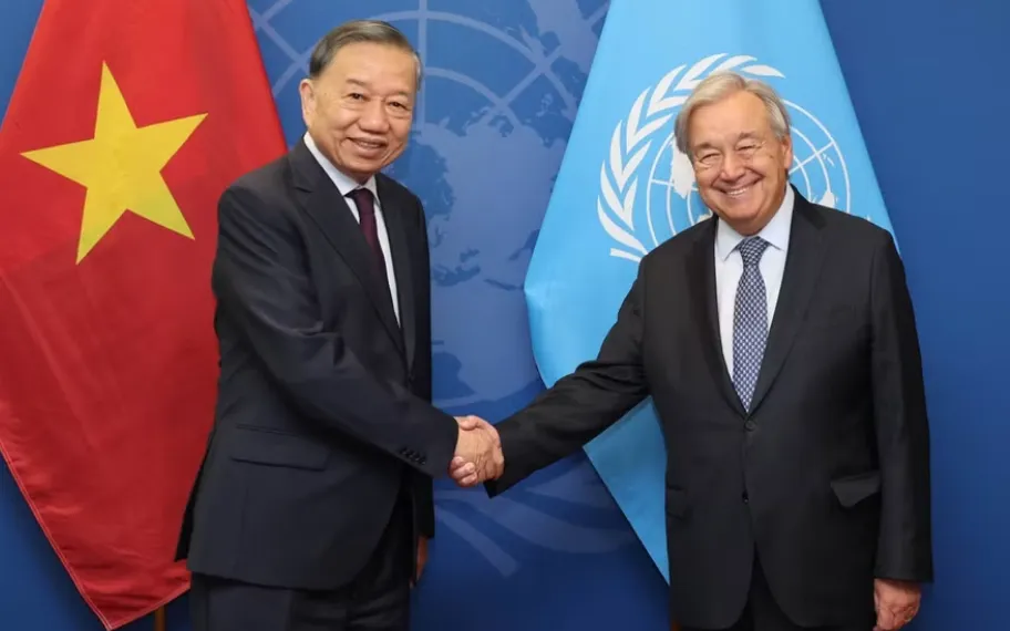 Tổng Bí thư, Chủ tịch nước Tô Lâm gặp Tổng Thư ký Liên hợp quốc António Guterres. (Ảnh: TTXVN)