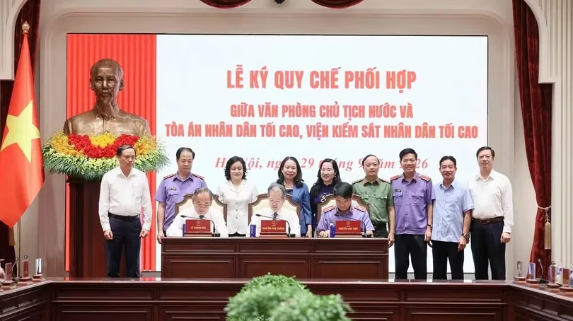 Lễ ký quy chế phối hợp giữa Văn phòng Chủ tịch nước và Tòa án nhân dân tối cao, Viện Kiểm sát nhân dân tối cao - Ảnh 1.