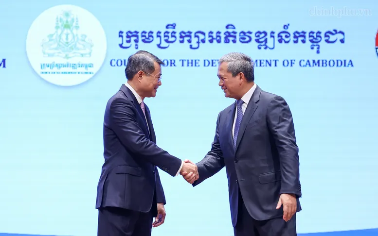 Thủ tướng Chính phủ Lê Minh Hưng và Thủ tướng Chính phủ Campuchia Hun Manet dự Diễn đàn Doanh nghiệp Việt Nam – Campuchia 2026 - Ảnh: chinhphu.vn/Nhật Bắc