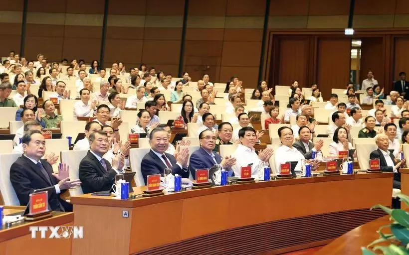Tổng Bí thư, Chủ tịch nước Tô Lâm và các đại biểu dự hội nghị tại điểm cầu Trung tâm Nhà Quốc hội (Hà Nội). (Ảnh: Thống Nhất/TTXVN)