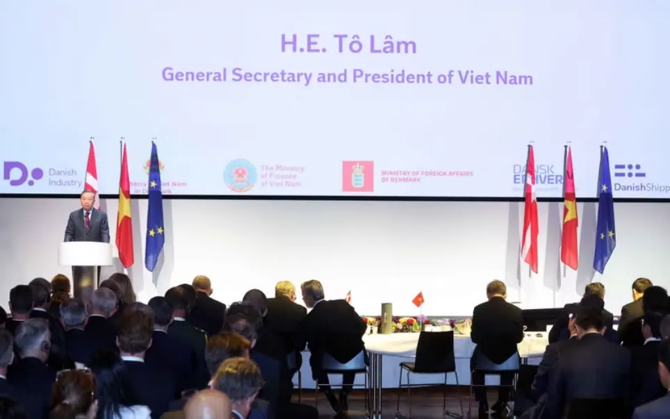 Tổng Bí thư, Chủ tịch nước Tô Lâm phát biểu khai mạc Diễn đàn Doanh nghiệp Việt Nam-Đan Mạch. (Ảnh: TTXVN)