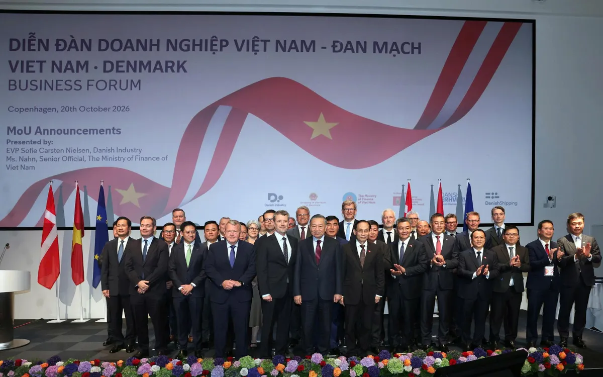 Tổng Bí thư, Chủ tịch nước Tô Lâm và Nhà Vua Đan Mạch Frederik X cùng các đại biểu và các doanh nghiệp hai nước. Nguồn: TTXVN