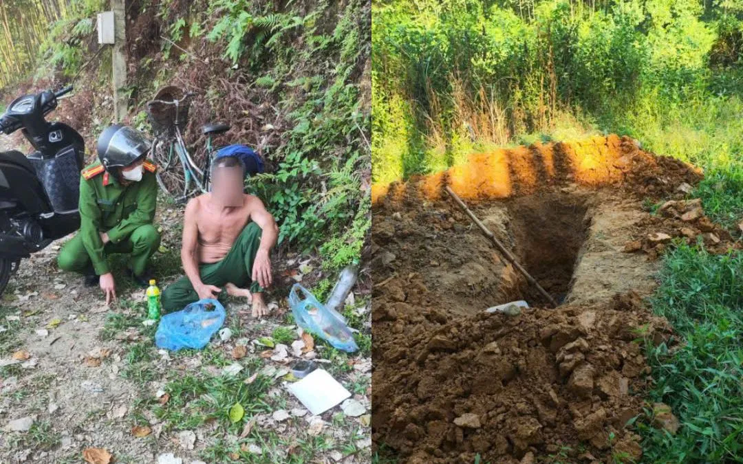 Công an xã kịp thời ngăn chặn người đàn ông tự ý đào hố chôn mình. Ảnh: CAPT
