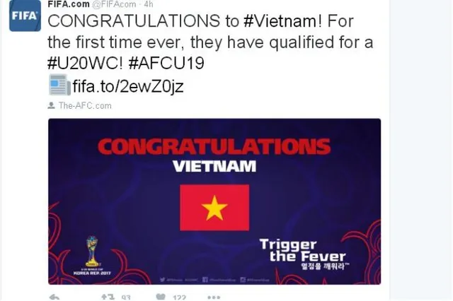 Liên đoàn bóng đá thế giới FIFA chúc mừng chiến tích của U19 Việt Nam - Ảnh 1.